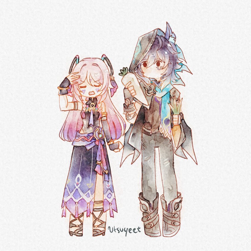1boy 1girl animal_ear_fluff animal_ears arm_at_side arm_markings armlet artist_name asymmetrical_gloves bare_shoulders bat_ears belt belt_boots black_belt black_cloak black_footwear black_gloves black_hood black_jacket black_leotard black_sleeves black_undershirt blue_gemstone blue_scarf blunt_tresses boots bracelet braid carrot citlali_(genshin_impact) clenched_hand cloak closed_eyes clothing_cutout elbow_gloves eyelashes facial_mark feather_hair_ornament feathers fingerless_gloves floating_headgear food fringe_trim gem genshin_impact gladiator_sandals gloves gold gradient_hair grandmother_and_grandson grey_pants hair_between_eyes hair_intakes hair_ornament hair_rings hair_tubes hand_on_own_head hand_up height_difference highres hip_vent holding holding_food holding_vegetable hood hooded_cloak jacket jewelry leglet leotard long_hair long_skirt looking_at_another mandarin_collar multicolored_hair navel_cutout necktie no_mouth open_clothes open_hand open_jacket open_mouth ororon_(genshin_impact) pants pigeon-toed pink_hair purple_hair purple_necktie purple_skirt radish sandals scarf short_sleeves side_slit sidelocks single_sleeve skirt sleeveless_turtleneck_leotard standing thigh_marking torn_clothes torn_pants triangle triangle_facial_mark twin_braids utsuyeet v-shaped_eyebrows vegetable vision_(genshin_impact)