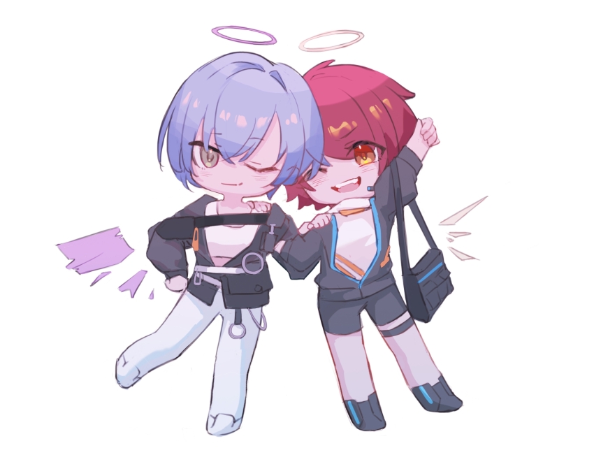 2girls ;) ;d arknights arm_up bag black_footwear black_jacket blue_hair blush brown_eyes brown_wings chibi closed_mouth detached_wings exusiai_(arknights) eyes_visible_through_hair hair_between_eyes hair_over_one_eye halo headset highres jacket long_sleeves multiple_girls one_eye_closed open_clothes open_jacket open_mouth pants pink_wings puffy_long_sleeves puffy_sleeves red_hair shirt shoes short_hair shoulder_bag simple_background smile spuria_(arknights) tank_top thewintermarket white_background white_footwear white_pants white_shirt white_tank_top wings