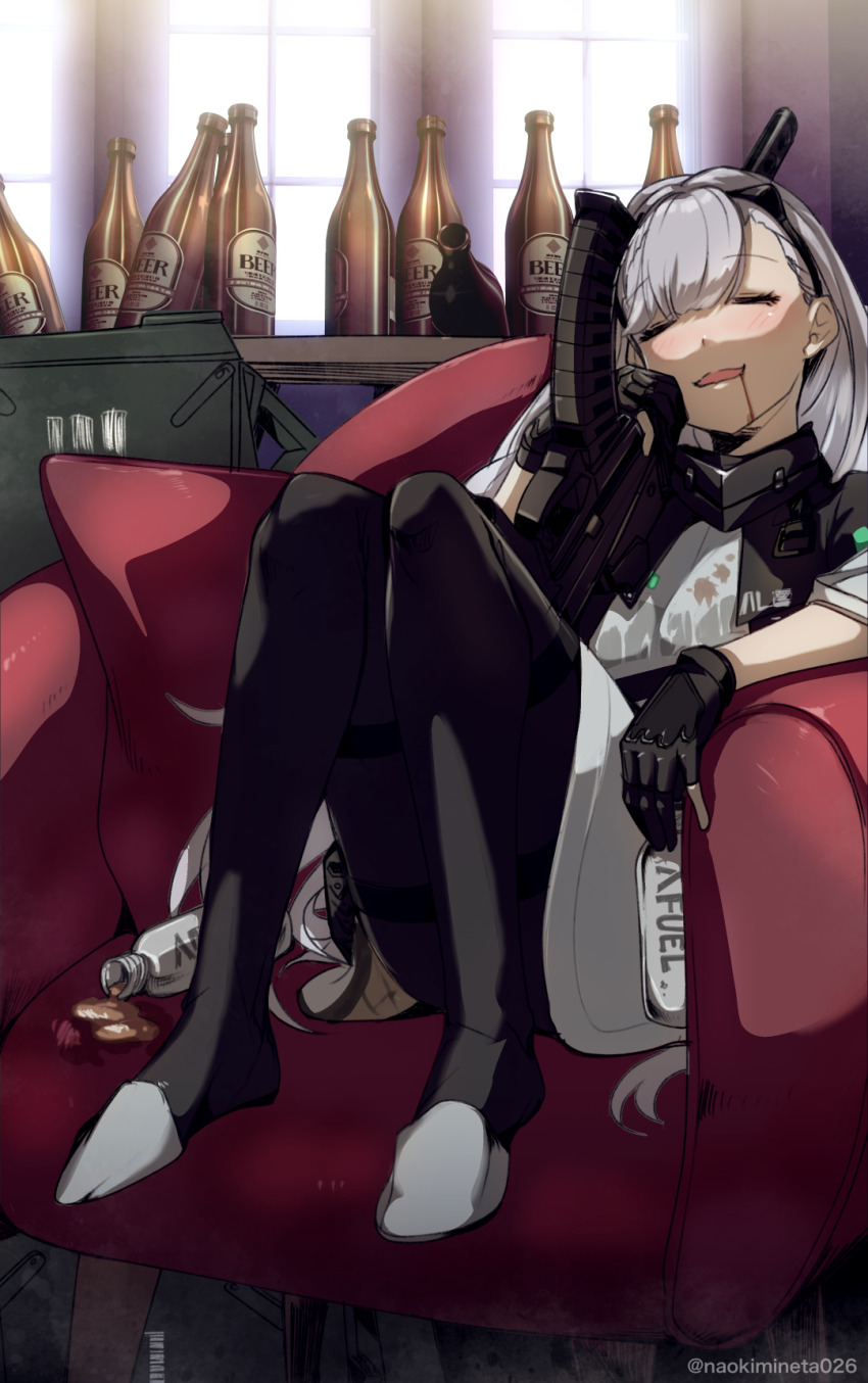 1girl ak-alfa ak-alfa_(girls&#039;_frontline) assault_rifle beer_bottle black_gloves blush bottle chair ciel_levia_(twitter_username) drunk empty_bottle girls&#039;_frontline gloves gun highres holding holding_bottle holding_gun holding_weapon legs_up mineta_naoki on_chair rifle sitting solo spill weapon white_hair window