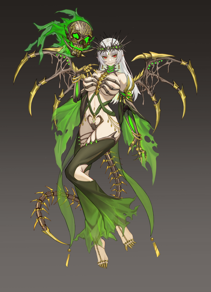 1girl absurdres barefoot_sandals_(jewelry) bracelet breasts claw_ring commission crown_of_thorns detached_sleeves earrings full_body highres jewelry large_breasts long_hair looking_at_viewer original pointy_ears red_eyes revealing_clothes shen_hai_ichigo skeletal_arm skeletal_tail skeletal_wings skull smile solo torn_clothes white_hair wings
