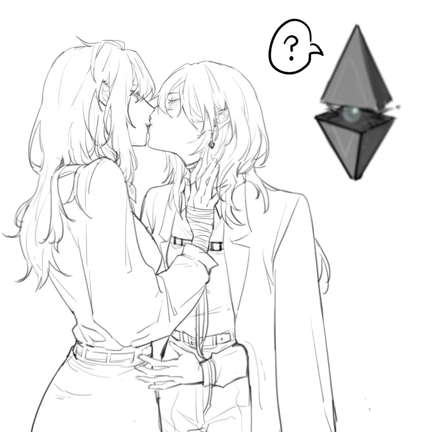2girls ? absurdres bandaged_wrist bandages chest_harness chief_(path_to_nowhere) chinese_commentary coat coat_on_shoulders collared_shirt commentary eye_contact female_chief_(path_to_nowhere) greyscale half-closed_eyes hand_on_another&#039;s_neck harness highres hover_hand kiss kotori_(b-i-r-d) long_hair looking_at_another monochrome multiple_girls pants path_to_nowhere schorl_(path_to_nowhere) shalom_(path_to_nowhere) shirt simple_background spoken_question_mark spot_color upper_body yuri