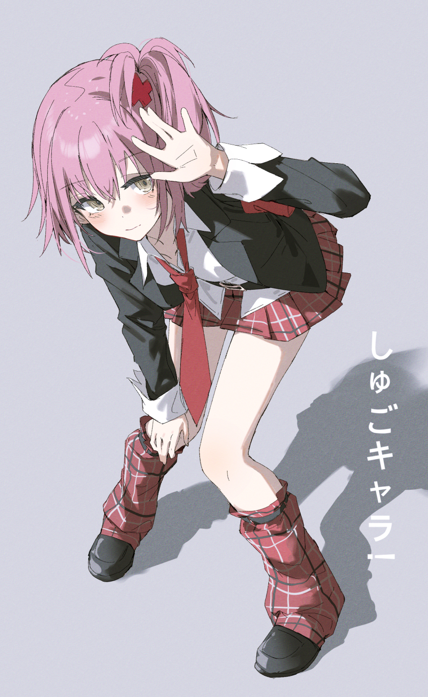 1girl absurdres black_jacket black_shoes blazer blush brown_eyes collared_shirt full_body highres hinamori_amu jacket leg_warmers long_hair miniskirt necktie one_side_up open_clothes open_jacket pink_hair plaid_clothes plaid_leg_warmers plaid_skirt pleated_skirt qtian red_necktie school_uniform shadow shirt shoes shugo_chara! skirt solo standing white_shirt