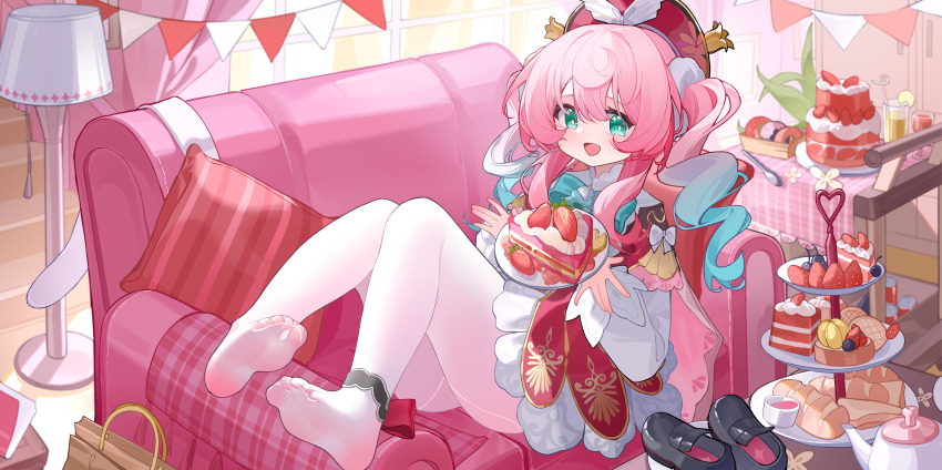 1girl absurdres aqua_hair black_shoes bow bowtie bread cake cake_slice chair chinese_commentary commentary_request donut dress food fruit gradient_hair green_bow green_bowtie green_eyes hat highres holding holding_plate honkai:_star_rail honkai_(series) hyacine_(honkai:_star_rail) ice_cream indoors lamp long_sleeves looking_at_viewer multicolored_hair ningmeng_jing_jing_jing_jing no_shoes open_mouth pantyhose pink_hair plate red_dress red_hat shirt shoes smile solo strawberry string_of_flags table teapot thighs tiered_tray tongs unworn_shoes white_pantyhose white_shirt
