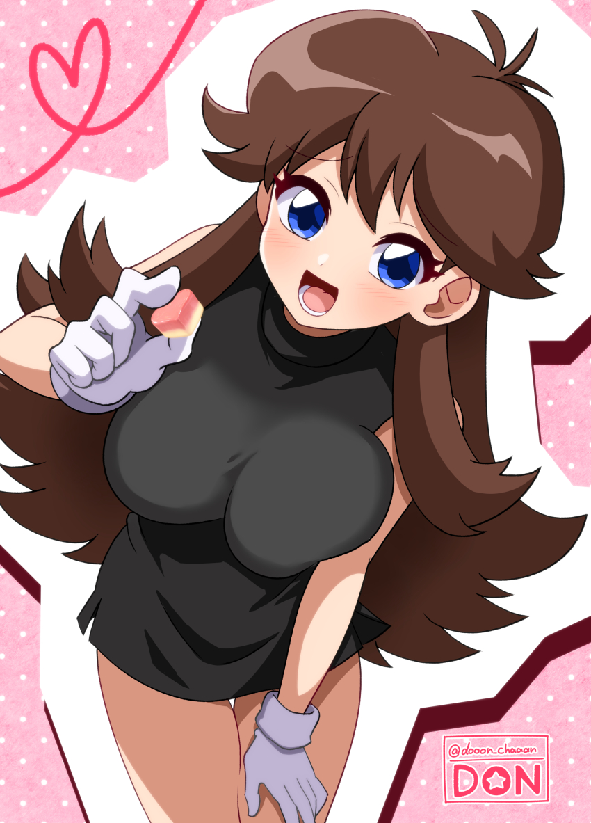 1girl absurdres bare_legs blue_eyes breasts brown_eyes don_(748826) dress gloves highres large_breasts leaf_(pokemon) minidress miniskirt nintendo pokemon pokemon_adventures short_dress skirt solo white_gloves