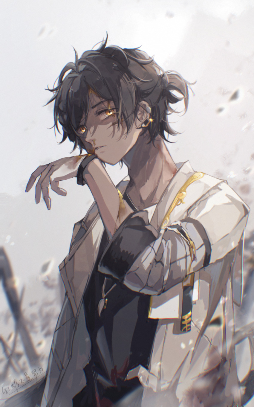 1boy arknights black_hair black_shirt blood blood_from_forehead bloody_tears chinese_commentary coat commentary cuts dark-skinned_male dark_skin debris earclip earrings from_side gloves gold_earrings grey_background highres injury jewelry looking_at_viewer looking_to_the_side male_focus necklace nosebleed open_clothes open_coat orange_eyes ponytail shieryue164 shirt short_hair signature solo t-shirt thorns_(arknights) tooth_necklace upper_body white_coat white_gloves wiping_blood yellow_blood