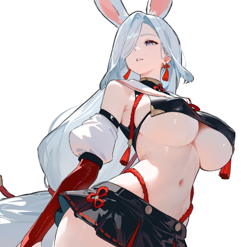 1girl ? absurdres animal_ears armpit_crease arms_behind_back arrow_(symbol) black_shirt black_skirt black_trim blue_eyes breasts cosplay covered_erect_nipples crop_top cropped_shirt detached_sleeves dutch_angle earrings elbow_gloves eyeliner from_below genshin_impact gloves gold_collar hair_ornament hair_over_one_eye hair_ribbon highleg highleg_panties highres jewelry large_breasts long_hair looking_to_the_side low-tied_long_hair makeup microskirt miniskirt navel panties parted_lips rabbit_ears red_eyeliner red_gloves red_ribbon red_rope revealing_clothes ribbon rope sailor_collar shenhe_(genshin_impact) shimakaze_(kancolle) shimakaze_(kancolle)_(cosplay) shiny_skin shirt simple_background skirt sleeveless sleeveless_shirt solo standing stomach tassel tassel_earrings textless_version turning_head underboob underwear very_long_hair white_background white_hair white_sailor_collar white_sleeves yumeto_(ym-1)