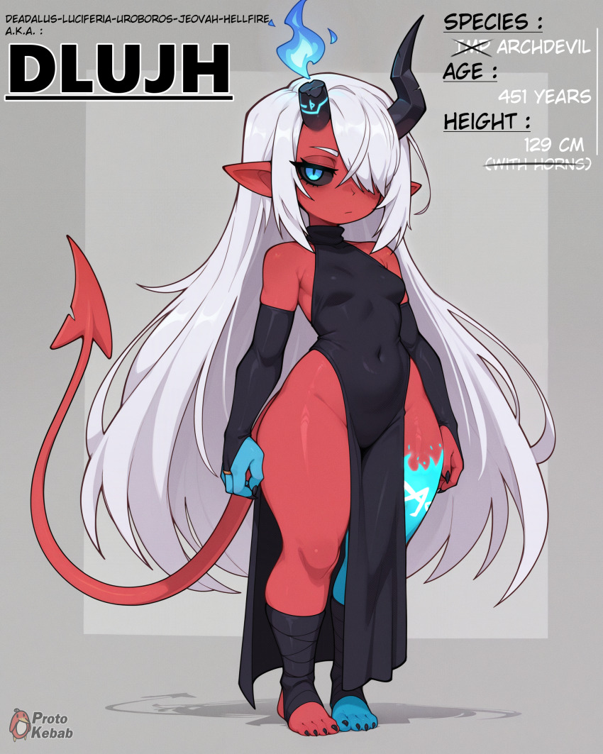 1girl absurdly_long_hair absurdres ai-assisted bare_shoulders blue_eyes blue_skin bored breasts bridal_gauntlets broken_horn character_age character_name character_profile claws colored_skin demon demon_girl demon_horns demon_tail dlujh_(protokebab) dress elbow_gloves female_focus fewer_digits fiery_horns full_body gloves hair_over_one_eye highres horns leg_wrap long_hair looking_at_viewer monster_girl multicolored_skin navel one_eye_covered original pelvic_curtain pointy_ears protokebab red_skin reference_sheet shortstack small_breasts solo standing stirrup_footwear tail thick_thighs thighs toe_claws very_long_hair white_hair