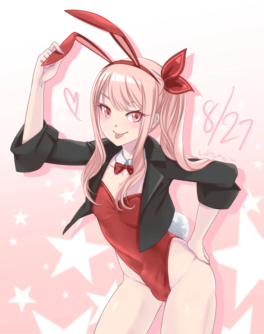 1boy :p akiyama_mizuki animal_ears artist_name black_jacket blazer bow commentary_request dated drill_hair drill_ponytail drill_sidelocks fake_animal_ears fake_tail gradient_background hair_ribbon hand_on_own_hip heart highres jacket leotard light_blush lolita_majin looking_at_viewer nail_polish pink_background pink_eyes pink_hair pink_nails playboy_bunny project_sekai rabbit_ears rabbit_tail red_bow red_leotard red_ribbon ribbon side_ponytail sidelocks star_(symbol) tail third-party_source tongue tongue_out trap