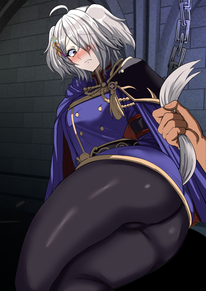 1girl absurdres androgynous animal_ears ass ass_focus blush breasts crossdressing crossdressing_(ftm) dog_ears dog_girl dog_tail embarrassed fire_emblem fire_emblem_shadows grabbing_another&#039;s_tail grey_hair hetero highres imminent_rape kurt_(fire_emblem) medium_breasts nintendo pantyhose red_eyes restrained reverse_trap short_hair solo tail tail_grab tail_pull tara_(szzj7733) thick_thighs thighs wide-eyed