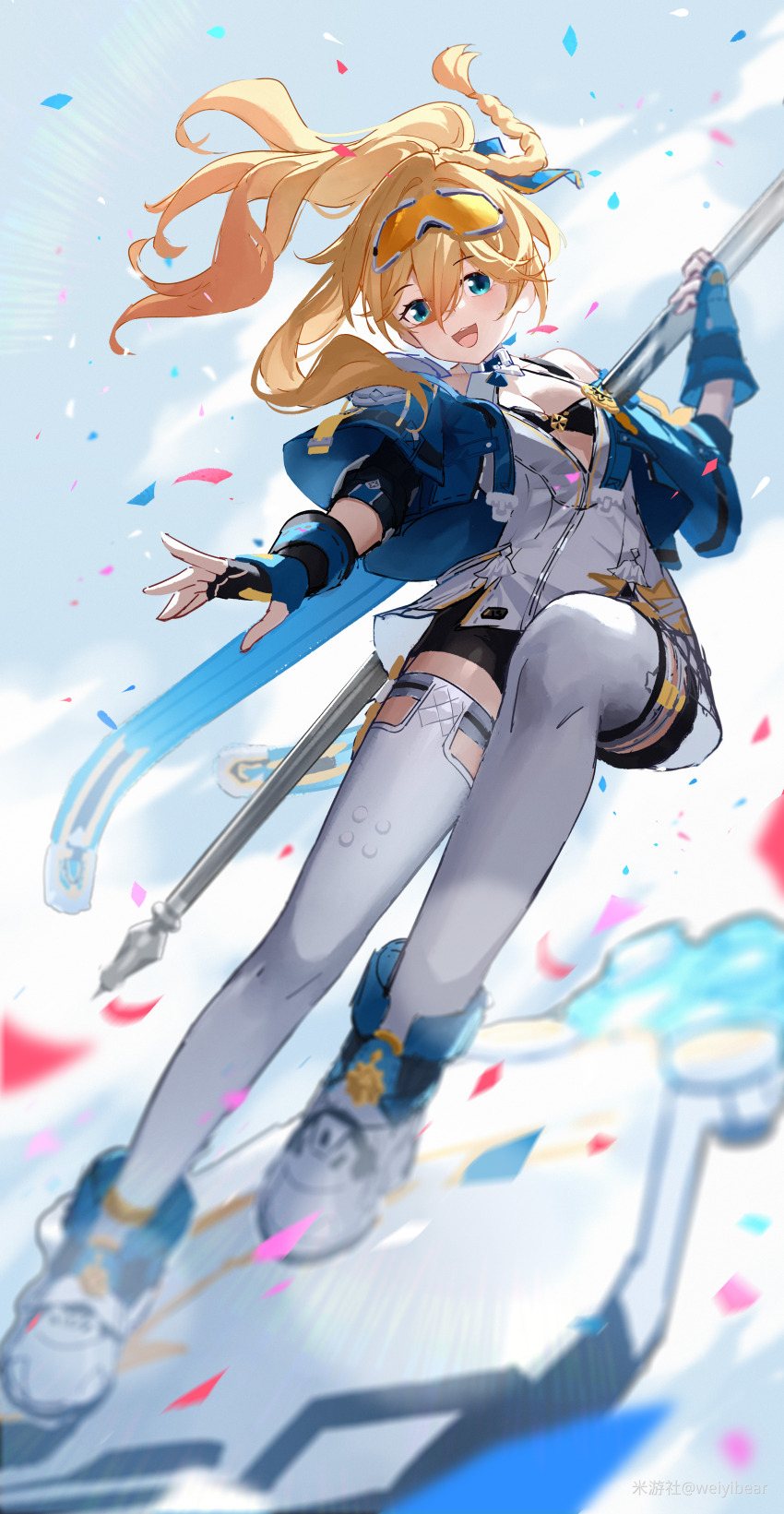 1girl absurdres aged_down aqua_gloves aqua_jacket blonde_hair blue_eyes blurry blurry_foreground bra braid breasts closed_mouth day durandal_(honkai_impact) durandal_(reign_solaris)_(honkai_impact) dutch_angle erdongjinming fingerless_gloves foreshortening gloves goggles goggles_on_head hair_between_eyes hair_intakes highres holding holding_javelin honkai_(series) honkai_impact_3rd jacket javelin_(spear) long_hair long_sleeves looking_at_viewer open_mouth orange-tinted_eyewear ponytail shoes shorts skateboard skating sky small_breasts smile solo thigh_strap thighhighs tinted_eyewear underwear white_thighhighs