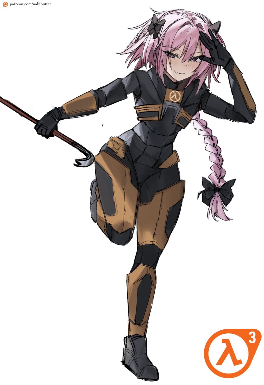 1boy armor astolfo_(fate) black_bow bow braid commentary commission cosplay crowbar english_commentary eyes_visible_through_hair fang fang_out fate/grand_order fate_(series) full_body gordon_freeman gordon_freeman_(cosplay) hair_between_eyes hair_bow half-life_(series) hand_up hev_suit highres holding holding_crowbar lambda_symbol long_braid long_hair nabibutter pink_eyes pink_hair salute simple_background single_braid solo trap very_long_hair white_background xcider