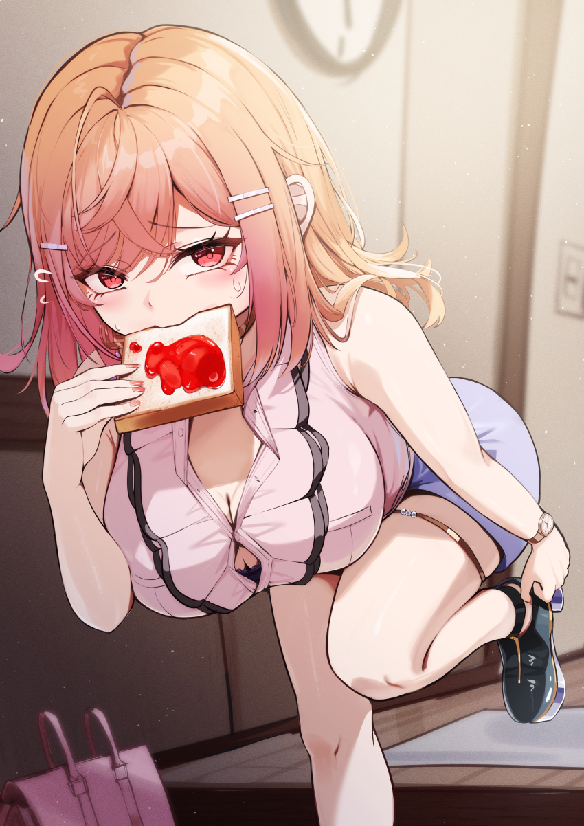 1girl =_hair_ornament absurdres adjusting_clothes adjusting_shoe ahoge akuame_(ring3922) bare_shoulders bent_over black_bra black_shoes blonde_hair blush bra bra_peek bread bread_slice breasts button_gap buttons cleavage commentary_request crossed_bangs flying_sweatdrops food food_in_mouth gradient_hair hair_between_eyes hand_up highres holding holding_food hololive hololive_dev_is ichijou_ririka ichijou_ririka_(1st_costume) indoors jam jewelry large_breasts light_particles long_hair looking_at_viewer multicolored_hair partially_unbuttoned pink_bag pink_shirt purple_skirt shirt shoes sidelocks skirt solo standing standing_on_one_leg sweat thighlet thighs underwear very_long_hair virtual_youtuber watch wristwatch