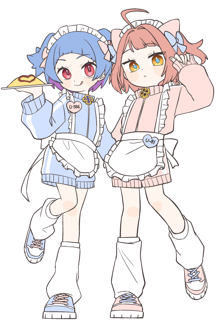 2girls :q absurdres ahoge apron azur_lane blue_hair blue_pupils blue_shoes character_name colored_inner_hair food full_body hand_up highres holding holding_plate ketchup leg_warmers looking_at_viewer mitsubasizu multicolored_hair multiple_girls omelet omurice pink_hair pink_shoes plate purple_hair red_eyes shoes short_hair simple_background sneakers standing tongue tongue_out two_side_up u-556_(azur_lane) u-81_(azur_lane) waist_apron white_background yellow_eyes