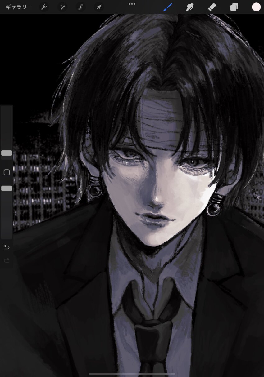 1boy art_program_in_frame bandaged_head bandages chrollo_lucilfer closed_mouth collared_shirt commentary_request curtained_hair earrings edamame_117 greyscale highres hunter_x_hunter jacket jewelry lapels looking_at_viewer male_focus monochrome necktie notched_lapels open_clothes open_jacket parted_bangs parted_hair piercing shirt solo sphere_earrings suit_jacket wing_collar