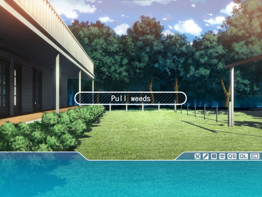 2010s 2011 blue_sky cloud day highres kamimura_akiko keisuke_(sisters) no_humans shy sisters_~natsu_no_saigo_no_hi~ sky sun visual_novel weeds yard_work