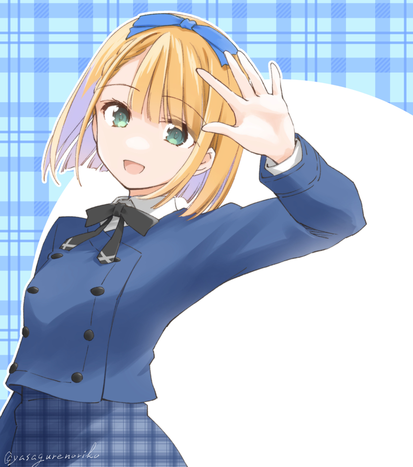 1girl 22/7 :d asymmetrical_bangs black_bow black_bowtie blonde_hair blue_background blue_bow blue_dress blue_jacket bob_cut bow bowtie buttons collared_shirt cowboy_shot double-breasted dress green_eyes hair_bow hand_up highres inverted_bob jacket long_sleeves natsushi open_mouth plaid_clothes plaid_dress saito_nicole shampoo_no_nioi_ga_shita shirt short_hair smile solo standing white_shirt