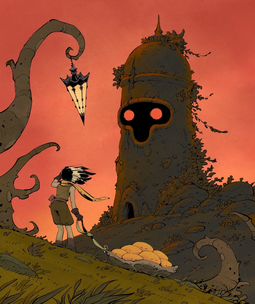 1other black_hair branch entrance fantasy from_behind gloves glowing glowing_eyes grass highres lantern migamigami nature on_grass original outdoors red_sky scarf shorts sky sleeveless socks wagon