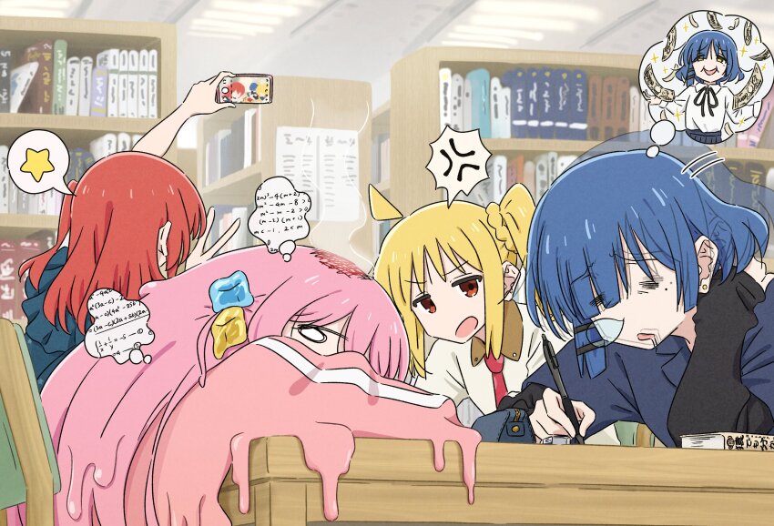 4girls absurdres ahoge anger_vein banknote black_ribbon blonde_hair blue_hair blue_shirt blue_skirt bocchi_the_rock! book bookshelf cellphone chair closed_eyes collared_shirt commentary_request cube_hair_ornament detached_ahoge dreaming drooling earrings eraser gotoh_hitori hair_ornament hairclip hands_up highres holding holding_pen holding_phone ijichi_nijika indoors jacket jewelry kessoku_band kita_ikuyo layered_sleeves library long_hair long_sleeves math mayo_(oekaki_bibbi) melting mole mole_under_eye money motion_lines multiple_girls neck_ribbon necktie nose_bubble one_side_up open_mouth pen pencil_case phone pink_hair pink_jacket pleated_skirt raised_inner_eyebrows red_eyes red_hair red_necktie ribbon school_uniform selfie shimokitazawa_high_school_uniform shirt short_hair short_over_long_sleeves short_sleeves side_ponytail sidelocks sitting skirt sleeping smartphone sparkle speech_bubble spoken_anger_vein spoken_star star_(symbol) table taking_picture thought_bubble track_jacket v v-shaped_eyebrows white_shirt wooden_table yamada_ryo