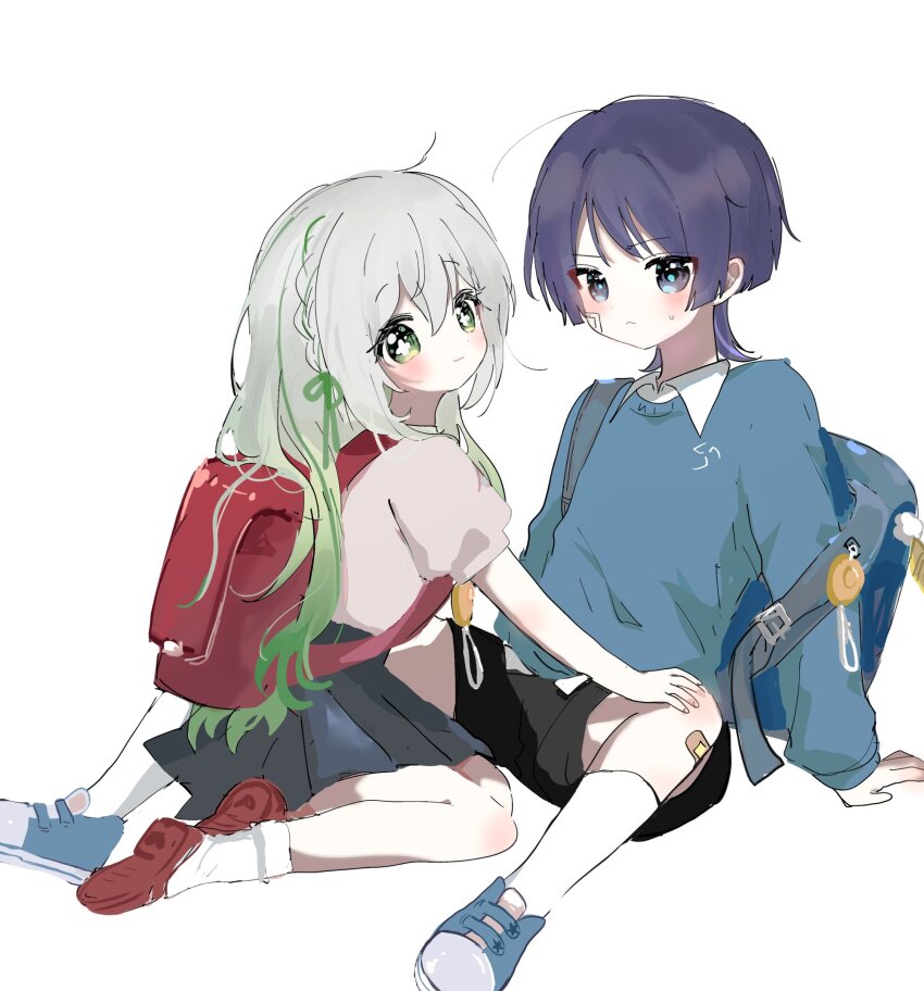 1boy 1girl 52601i aged_down alternate_costume alternate_hairstyle alternate_universe arm_at_side arm_support backpack bag bandaid bandaid_on_knee bandaid_on_leg black_shorts black_skirt blue_bag blue_footwear blue_pupils blue_shirt blunt_ends blush bright_pupils caught closed_mouth collared_shirt contemporary crime_prevention_buzzer cross-shaped_pupils eyelashes eyeliner eyeshadow gauze gauze_on_cheek genshin_impact girl_on_top green_eyes green_hair hair_down half_crown_braid hand_on_another&#039;s_knee hand_on_ground highres long_hair looking_at_viewer makeup multicolored_hair nahida_(genshin_impact) pink_shirt pink_sleeves pleated_skirt puffy_sleeves purple_eyes purple_hair randoseru red_bag red_eyeliner red_eyeshadow red_footwear ribbed_collar scaramouche_(genshin_impact) shirt shoes short_sleeves shorts sitting sketch skirt socks streaked_hair sweatdrop symbol-shaped_pupils white_background white_hair white_pupils white_shirt white_socks white_undershirt yokozuwari