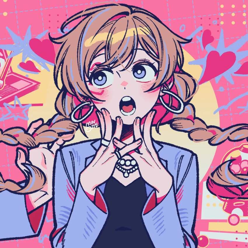 1girl bead_necklace beads black_shirt blazer blue_hair blue_jacket braid bright_pupils brown_hair collared_jacket colorful commentary_request dazbee dot_nose earrings explosion fingernails floating_earrings floating_hair gumball_machine halftone hand_on_another&#039;s_shoulder hands_on_own_cheeks hands_on_own_face heart hoop_earrings indie_utaite jacket jewelry korean_commentary lapels light_blush long_sleeves looking_to_the_side low_twin_braids minjye multicolored_hair multiple_rings necklace notched_lapels open_clothes open_jacket open_mouth pink_background ring shirt signature solo_focus straight-on streaked_hair sun surprised swept_bangs teeth twin_braids two-tone_hair upper_body white_pupils