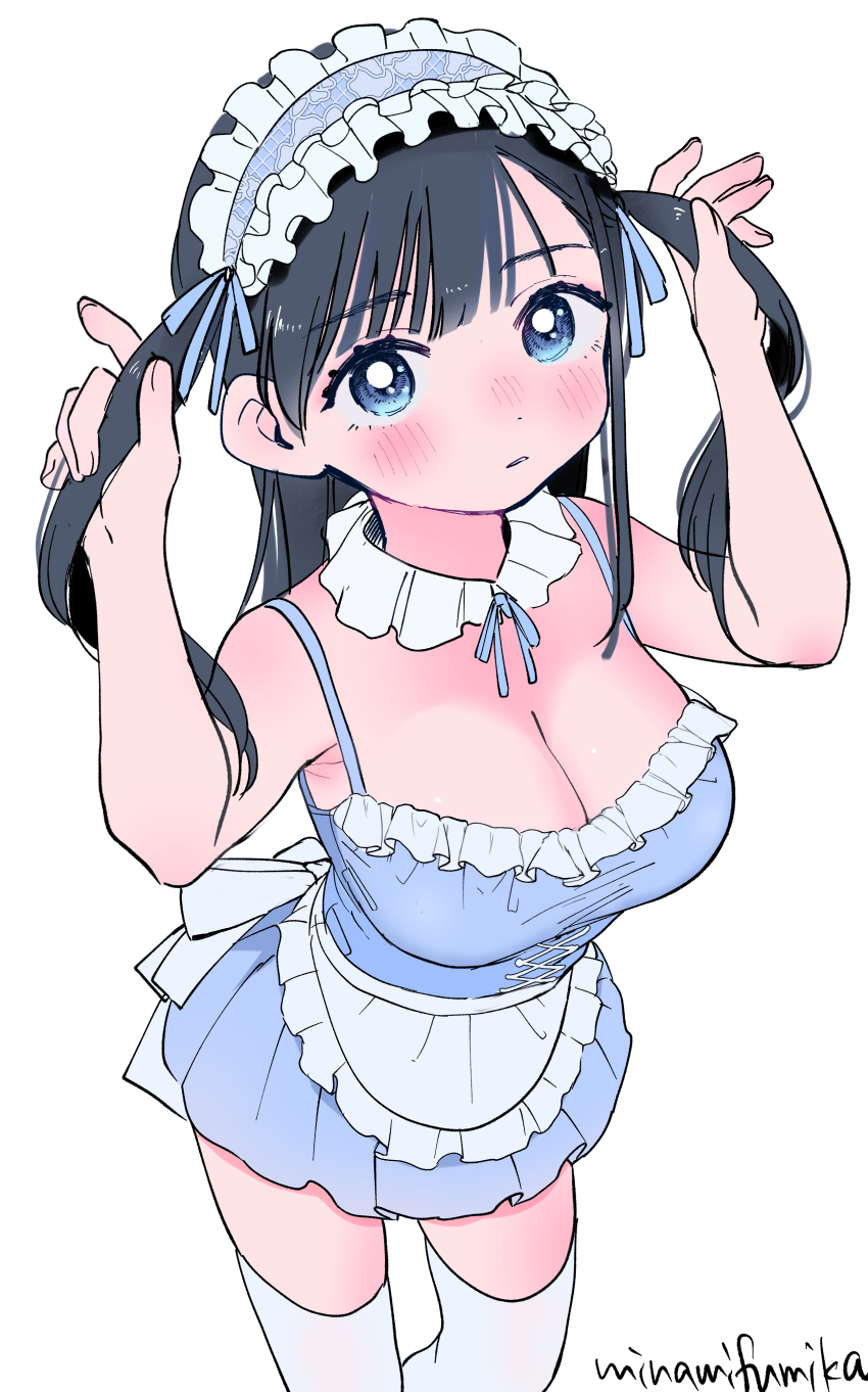 1girl absurdres apron black_hair blue_dress blue_eyes blush breasts cleavage detached_collar dress highres holding holding_own_hair looking_at_viewer maid_headdress miyama_(kannsannn) open_mouth original signature solo thighhighs twintails waist_apron white_background white_thighhighs