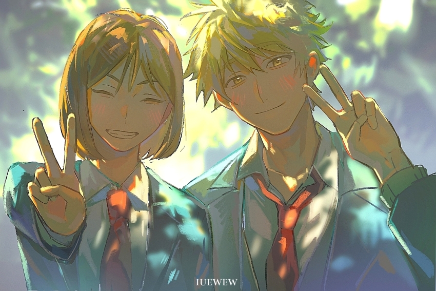 1boy 1girl 2boys black_jacket black_necktie blonde_hair brown_hair closed_eyes collared_shirt day grin iuew iwakura_mitsumi jacket long_sleeves multiple_boys necktie open_clothes open_collar open_jacket outdoors shima_sousuke shirt short_hair skip_to_loafer smile upper_body v white_shirt yellow_eyes