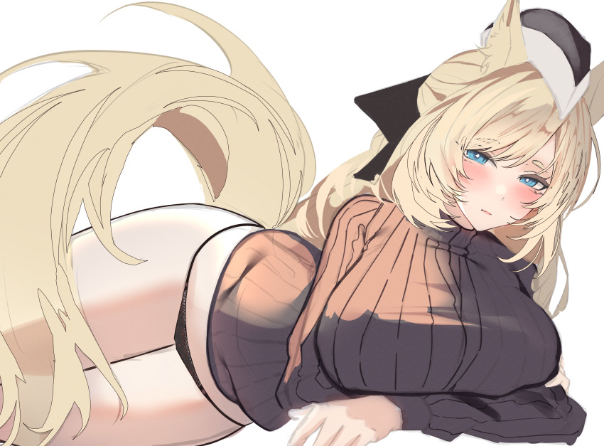 1girl absurdres animal_ears arknights black_hat black_panties black_sweater blonde_hair blue_eyes blush breasts bright_pupils closed_mouth cowboy_shot crossed_arms hat highres large_breasts long_hair long_sleeves looking_at_viewer lying micro_panties mo_komo_momo no_pants on_side panties ribbed_sweater simple_background solo sweater tail underwear whislash_(arknights) white_background white_pupils yellow_tail