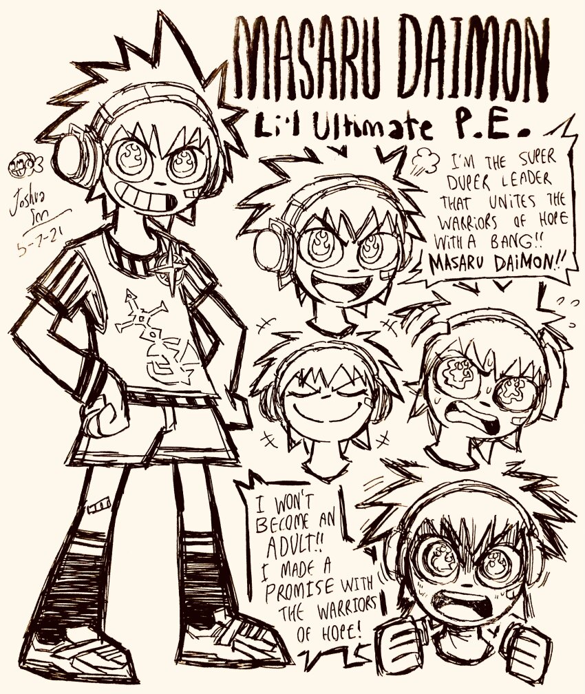 1boy :d absurdres angry bandaid bandaid_on_cheek bandaid_on_face bandaid_on_knee bandaid_on_leg character_name clenched_hands closed_mouth commentary daimon_masaru_(danganronpa) danganronpa_(series) danganronpa_another_episode:_ultra_despair_girls dated doodle_inset english_commentary english_text flaming_eyes flying_sweatdrops full_body greyscale grin hands_on_own_head hands_on_own_hips hatching_(texture) headphones highres josh-s26 male_focus monochrome multiple_views open_mouth puff_of_air shirt shoes short_hair short_sleeves shorts signature simple_background smile socks spiked_hair standing sweat teeth upper_teeth_only white_background wristband