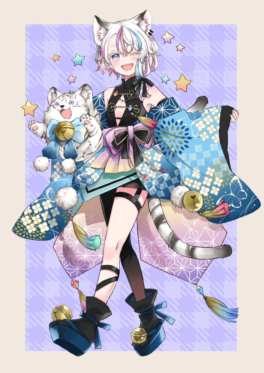 1girl ;d absurdres animal animal_ear_fluff animal_ears bare_shoulders bell black_pantyhose black_shirt blue_bow blue_hair blue_sandals blush border bow brown_border copyright_request grey_hair highres jingle_bell long_sleeves looking_at_viewer mito_(go!go!king!) multicolored_hair one_eye_closed open_mouth pantyhose pinching_sleeves pink_hair purple_eyes purple_hair sandals shirt single_leg_pantyhose sleeveless sleeveless_shirt sleeves_past_wrists smile solo star_(symbol) streaked_hair tail tiger virtual_youtuber walking white_tiger wide_sleeves zouri