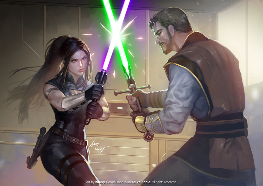 beard black_gloves black_hair black_pants black_shirt blonde_hair brown_tunic energy_sword english_text facial_hair fighting gloves green_lightsaber hifarry holding holding_sword holding_weapon jedi lightsaber long_hair pants ponytail purple_lightsaber shirt short_hair signature sleeveless sleeveless_shirt star_wars sword tunic weapon white_shirt