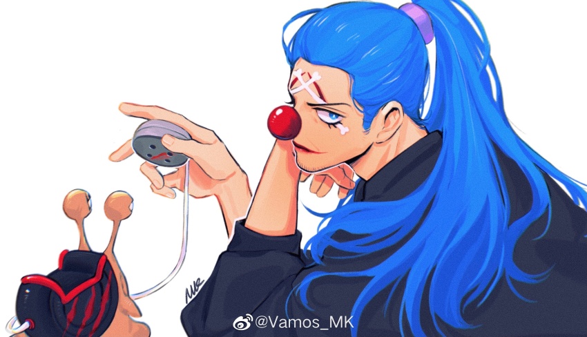 1boy black_jacket blue_eyes blue_hair bright_pupils buggy_the_clown clown clown_nose den_den_mushi facial_hair facial_tattoo goatee_stubble highres holding holding_phone jacket long_hair looking_at_viewer male_focus one_piece parted_lips phone ponytail purple_scrunchie red_lips red_nose scrunchie signature simple_background solo stubble tattoo upper_body vamos_mk white_background white_pupils