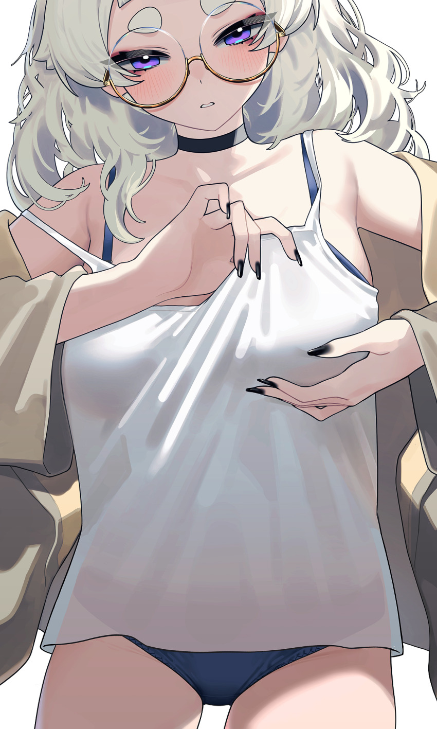 1girl :o adjusting_bra adjusting_clothes black_choker blue_bra blue_panties blush bra breasts camisole choker collarbone commentary cowboy_shot english_commentary fingernails glasses highres large_breasts long_hair looking_at_viewer meg_(wakamepiza) nail_polish no_pants original panties round_eyewear see-through_silhouette semi-rimless_eyewear simple_background solo strap_slip thick_eyebrows thighs under-rim_eyewear underwear wakamepiza white_background white_camisole yellow-framed_eyewear