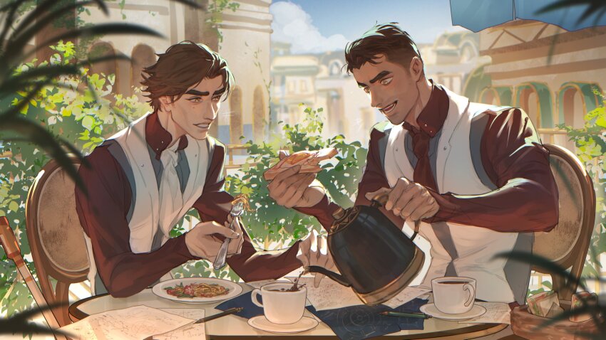 2boys adam&#039;s_apple arcane:_league_of_legends arcane_jayce ascot bread bread_slice brown_hair brown_shirt building chair chinese_commentary coffee coffee_mug coffee_pot collared_shirt commentary_request cup eating egg_(food) food fork fried_egg fried_egg_on_toast highres holding holding_food holding_fork holding_utensil jayce_(league_of_legends) lapels leaf league_of_legends long_sleeves luckytea_777 male_focus mug multiple_boys necktie notched_lapels on_chair open_clothes open_mouth open_vest outdoors pasta plant plate popped_collar red_necktie sandwich saucer shirt sideburns sitting smile table teeth thick_eyebrows toast vest viktor_(arcane) viktor_(league_of_legends) white_ascot white_vest