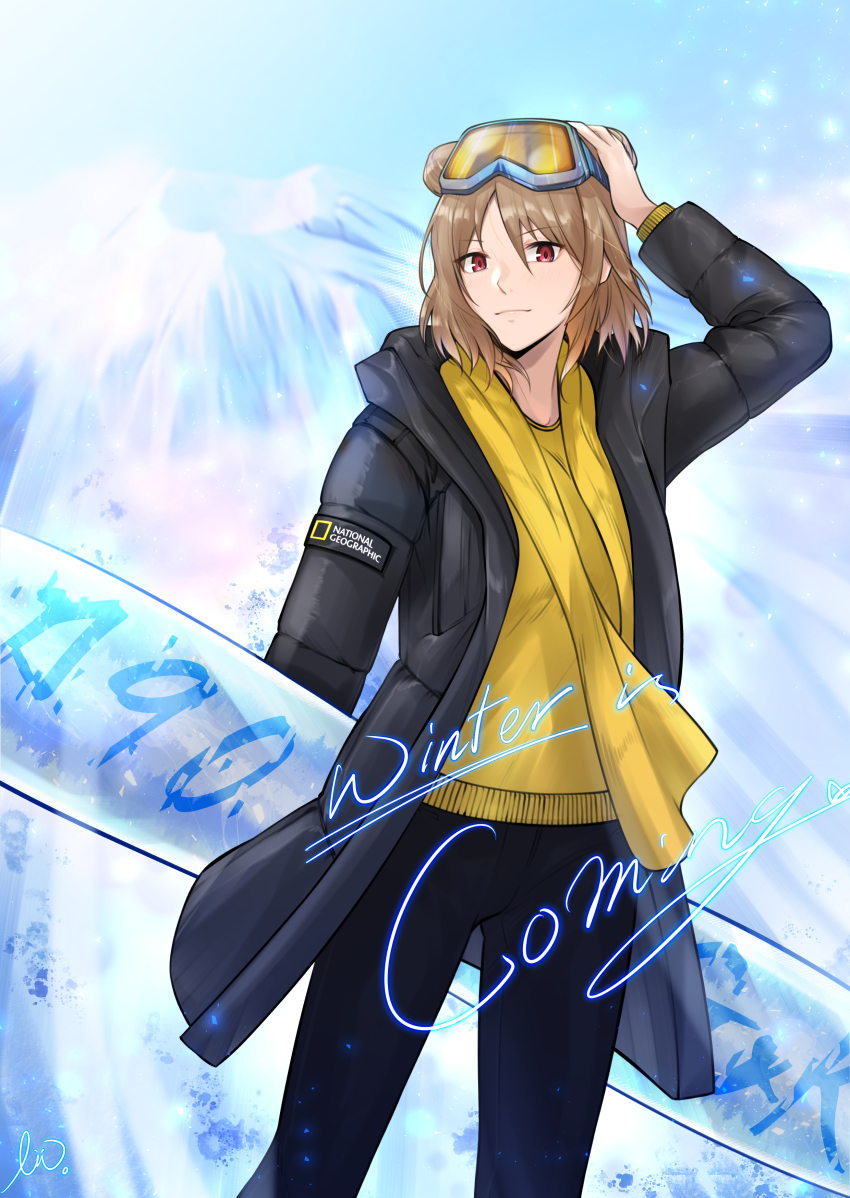 1girl absurdres adjusting_eyewear alternate_costume black_jacket black_pants brown_hair character_name closed_mouth commission double_bun expressionless eyewear_on_head feet_out_of_frame girls&#039;_frontline hair_bun hand_on_eyewear highres holding jacket light_brown_hair looking_at_viewer medium_hair national_geographic open_clothes open_jacket p90_(girls&#039;_frontline) pants pixiv_commission red_eyes safety_glasses scarf shirt snowboard solo standing stigmamyu winter yellow_scarf yellow_shirt