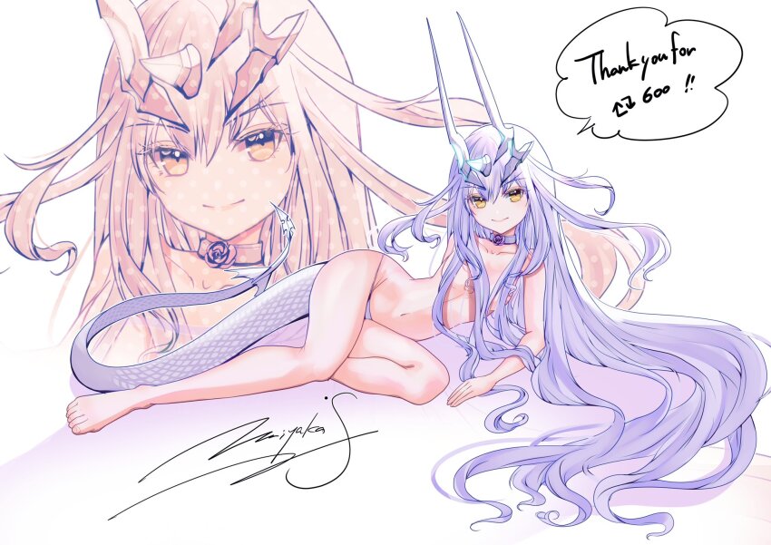 1girl artist_name bare_arms bare_legs bare_shoulders barefoot bow breasts character_hood collarbone completely_nude dialogue_box dragon_horn dragon_tail fate/grand_order fate_(series) forked_eyebrows full_body hair_between_eyes highres long_hair looking_at_viewer melusine_(fate) melusine_(swimsuit_ruler)_(fate) melusine_(swimsuit_ruler)_(third_ascension)_(fate) miyaka_(58305841) navel nude purple_bow signature simple_background small_breasts smile solo tail thighs toes white_background white_hair yellow_eyes