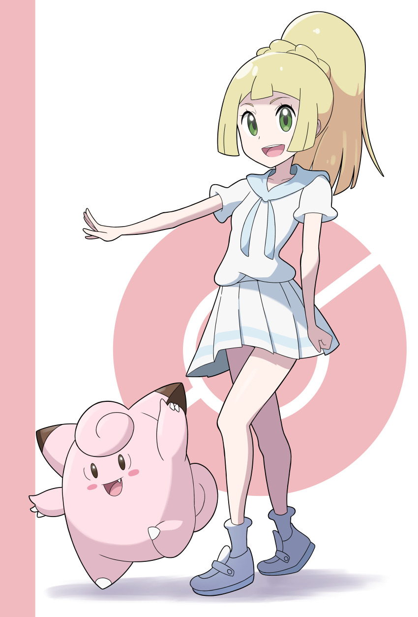 1girl :d absurdres araki_megami arm_up bare_arms bare_legs blonde_hair breasts clefairy clothing_request full_body gen_1_pokemon green_eyes highres legs_apart lillie_(pokemon) miniskirt nintendo open_mouth pink_background poke_ball_background poke_ball_symbol pokemon pokemon_(creature) pokemon_sm ponytail school_uniform serafuku shadow shoes sidelighting skirt small_breasts smile teeth tongue two-tone_background upper_teeth_only white_background white_shoes white_skirt