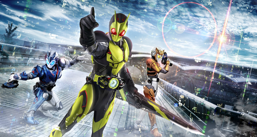 1girl 2boys armor asymmetrical_legwear attache_calibur black_bodysuit blue_armor blue_eyes bodysuit city cityscape flare grey_bodysuit gun highres holding holding_gun holding_sword holding_weapon kamen_rider kamen_rider_(1st_series) kamen_rider_valkyrie kamen_rider_vulcan kamen_rider_zero-one lens_flare masukudo_(hamamoto_hikaru) mismatched_legwear multiple_boys orange_armor pointing red_eyes rushing_cheetah shooting_wolf shot_riser sword tokusatsu weapon white_armor yellow_eyes zero_one_driver