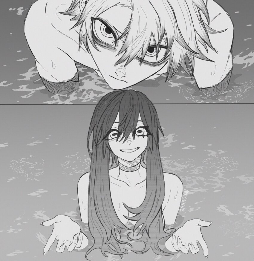 1boy 1girl amo_empool amouvve chainsaw_man choker closed_mouth gachiakuta greyscale hair_between_eyes hands_up highres horizontal_pupils i&#039;ll_teach_you_everything_(chainsaw_man) implied_nudity long_hair monochrome parted_bangs partially_submerged pool rudo_surebrec scene_reference smile water