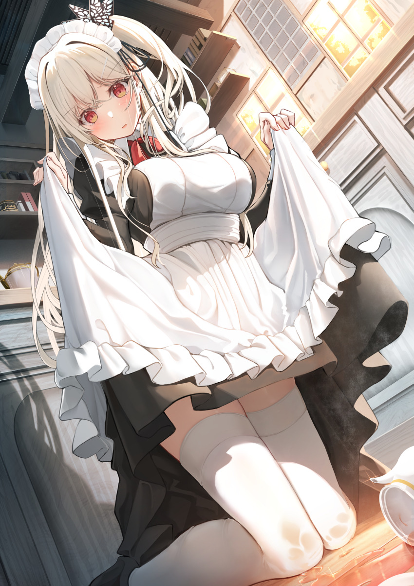 1girl absurdres black_dress blonde_hair bloom blush breasts clothes_lift collared_dress commentary dot_nose double-parted_bangs dress dress_lift dutch_angle frilled_dress frills from_below full_body hair_ribbon highres hiragi_ringo indoors juliet_sleeves kitchen kneeling large_breasts lifting_own_clothes long_sleeves looking_down maid_headdress on_floor open_mouth orange_eyes original parted_lips puffy_sleeves red_ribbon ribbon side_ponytail solo spill sunlight tea teapot thighhighs thighs two-tone_dress underbust wet_thighhighs white_dress white_thighhighs window zettai_ryouiki