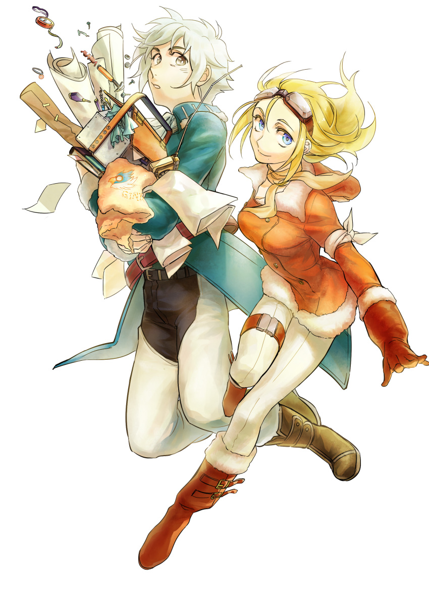 00s 1boy 1girl absurdres bad_id bad_pixiv_id blonde_hair blue_eyes boots brother_and_sister brown_eyes ginji_(tales) ginji_(toa) gloves goggles goggles_on_head highres knee_boots looking_at_viewer mansu mole noelle noelle_(tales) siblings tales_of_(series) tales_of_the_abyss white_hair