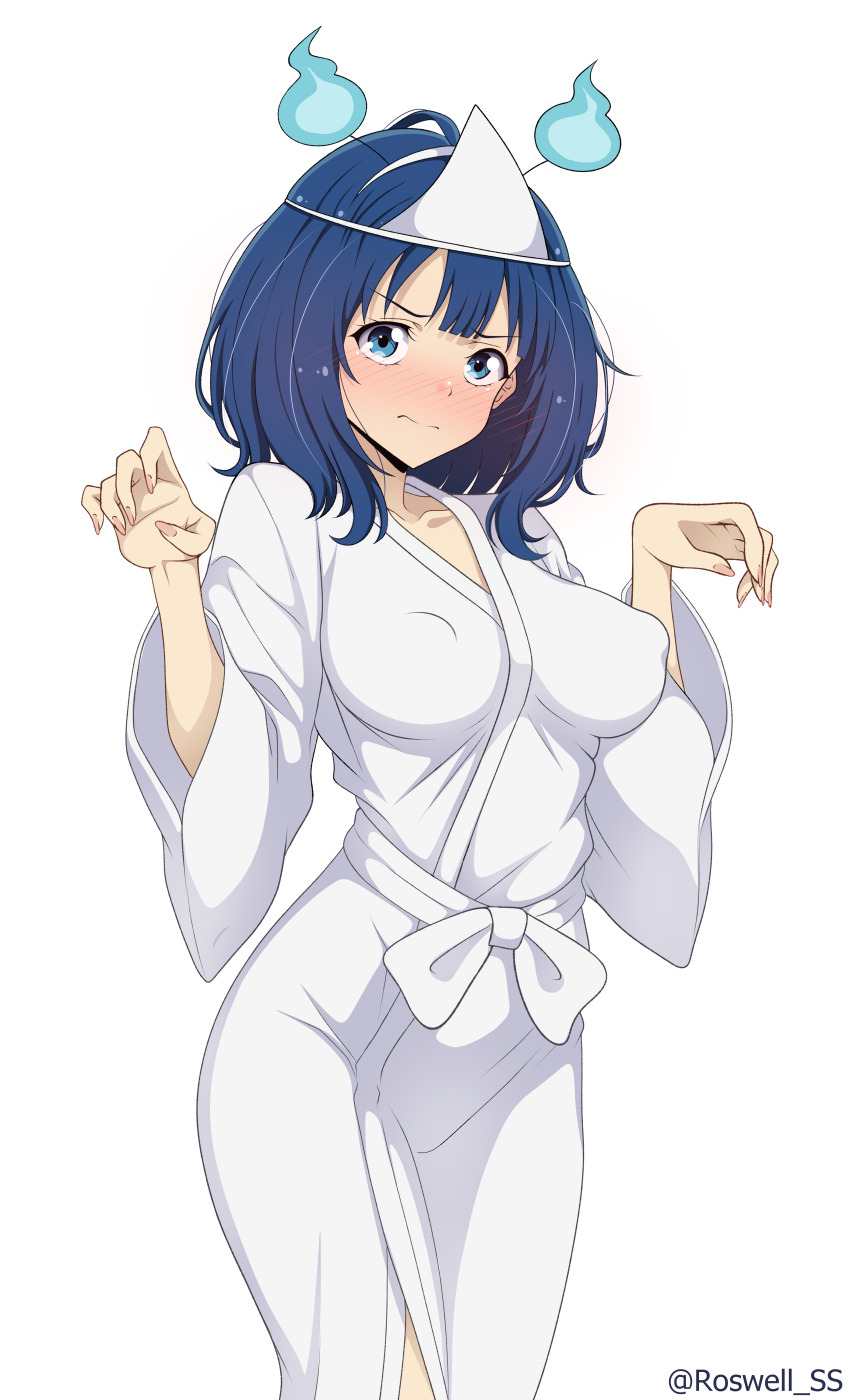 1girl absurdres blue_eyes blue_fire blue_hair blush breasts closed_mouth covered_erect_nipples fire furrowed_brow ghost_costume ghost_pose hairband hands_up highres large_breasts looking_at_viewer make_heroine_ga_oo_sugiru! paper_hat robe roswell_ss sash simple_background solo v-shaped_eyebrows wavy_mouth white_background white_hairband white_robe white_sash wide_sleeves yanami_anna