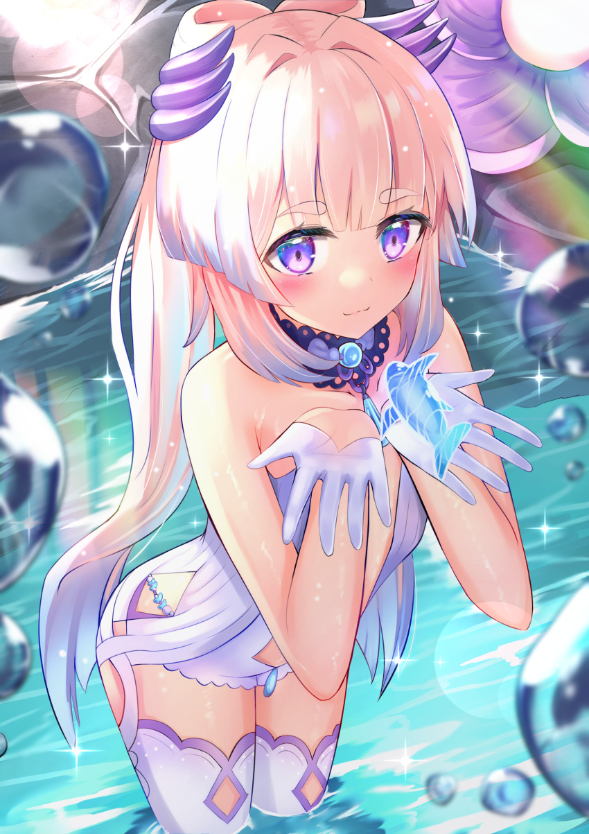 1girl absurdres blunt_bangs coral detached_collar dress fish genshin_impact gloves gradient_hair hair_ornament half_gloves hands_up highres huziiro_matutya leaning_forward long_hair looking_at_viewer multicolored_hair partially_submerged pink_hair ponytail purple_eyes sangonomiya_kokomi smile sparkle thick_eyebrows thighhighs water_drop white_thighhighs