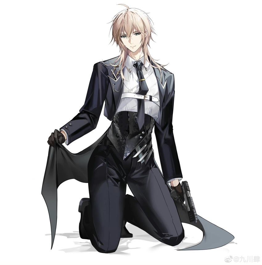 1boy absurdres alkaid_mcgrath belt black_gloves black_jacket black_necktie black_pants black_shoes blonde_hair chest_belt clothes_lift collared_shirt commentary cropped_jacket cummerbund english_commentary full_body gloves green_eyes gun hair_between_eyes handgun highres holding holding_gun holding_weapon jacket jiuchuansi kneeling lapel_pin lapels long_sleeves looking_at_viewer lovebrush_chronicles male_focus medium_hair necktie notched_lapels open_clothes open_jacket pants shirt shoes simple_background smile solo suit_jacket tailcoat tie_clip weapon white_background white_belt white_shirt