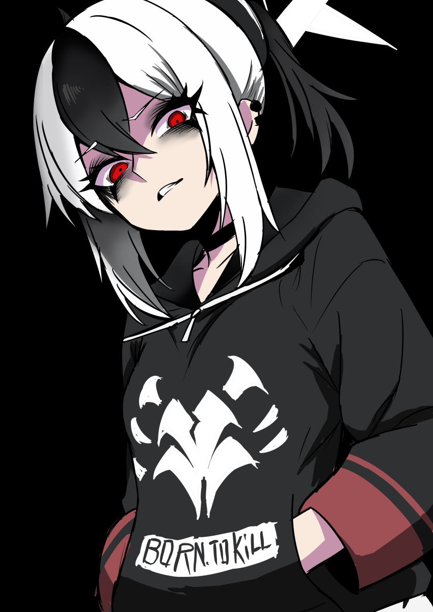 1girl absurdres black_background black_eyeliner black_eyeshadow black_hair black_hoodie blue_archive breasts clenched_teeth earclip eyeliner eyeshadow hair_between_eyes halo hands_in_pockets highres hood hood_down hoodie j.k._(style) kayoko_(blue_archive) long_sleeves looking_at_viewer makeup multicolored_hair nagainegi parted_lips ponytail red_eyes sidelocks simple_background small_breasts solo teeth two-tone_hair white_hair white_halo