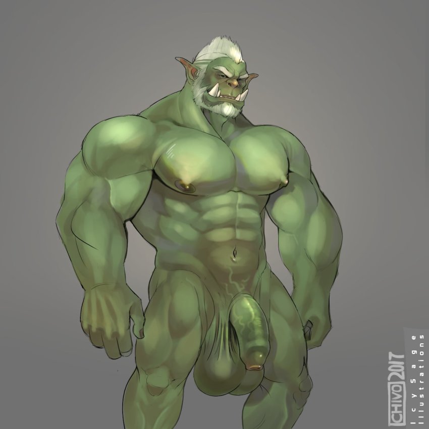 1boy abs bara beard chivo_(kalchivo) colored_skin completely_nude facial_hair fangs feet_out_of_frame foreskin green_skin highres large_pectorals large_penis large_testicles male_focus mature_male monster_boy muscular muscular_male navel nipples nude orc original pectorals penis short_hair solo standing stomach testicles uncensored white_hair