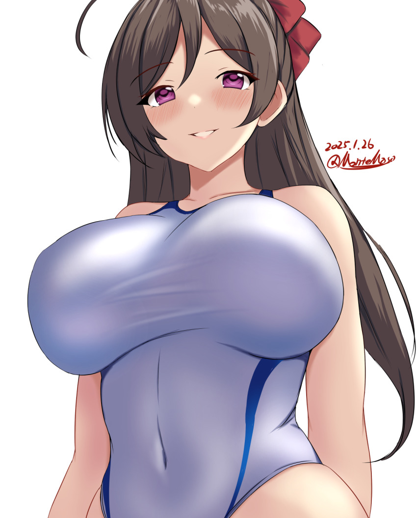 1girl ahoge apron blue_one-piece_swimsuit blush bow breasts brown_hair competition_swimsuit covered_navel dated hair_bow hair_ornament hair_ribbon hairclip highres kantai_collection large_breasts long_hair looking_at_viewer mamiya_(kancolle) montemasa one-hour_drawing_challenge one-piece_swimsuit open_mouth purple_eyes ribbon smile solo swimsuit twitter_username two-tone_swimsuit upper_body white_background white_one-piece_swimsuit