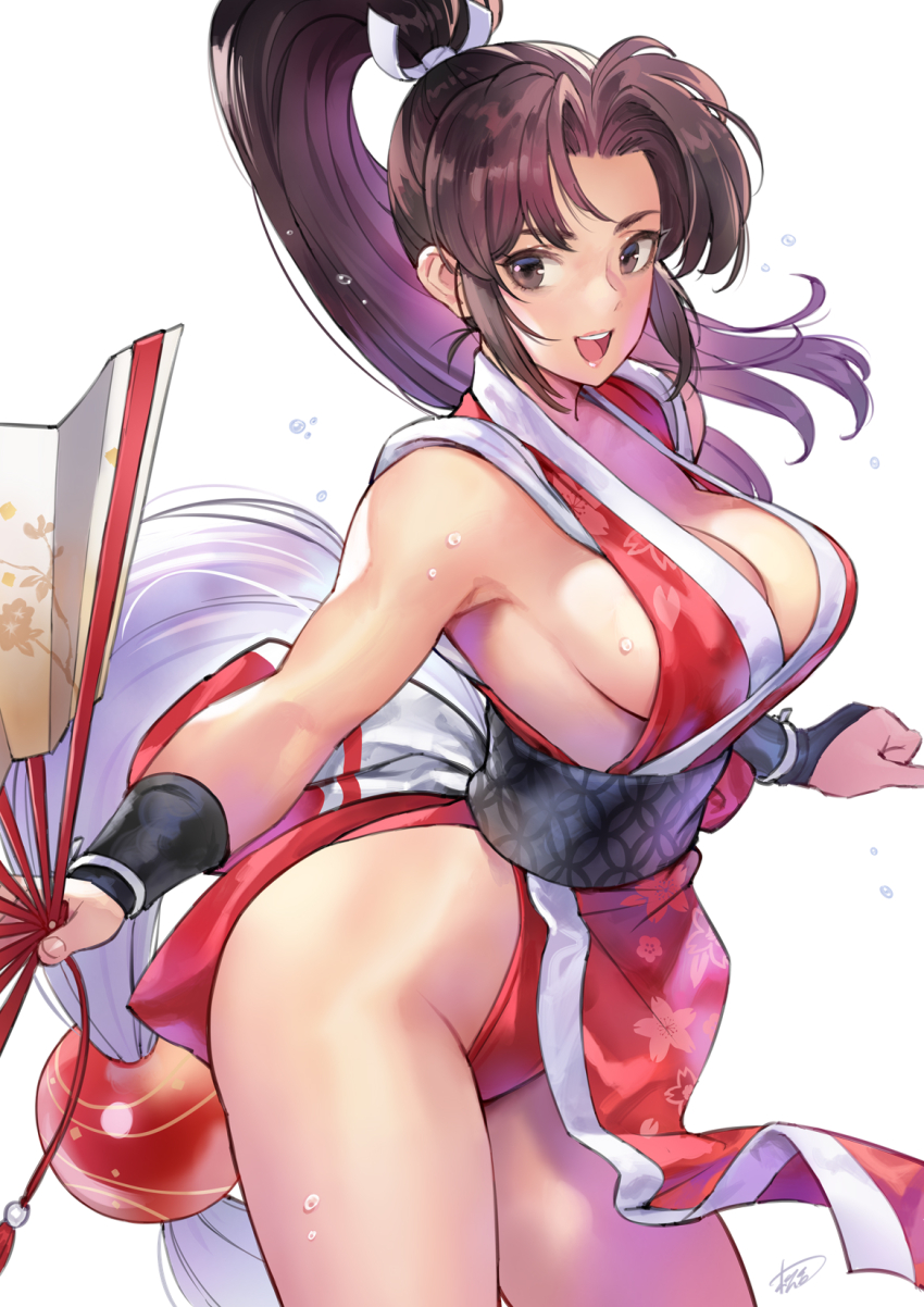 1girl :d breasts brown_eyes brown_hair fatal_fury floating_hair hair_intakes hand_fan high_ponytail highres holding holding_fan japanese_clothes large_breasts leotard long_hair matsuda_(matsukichi) motoyui obi open_mouth pelvic_curtain ponytail red_leotard sash shiranui_mai simple_background smile solo the_king_of_fighters very_long_hair white_background