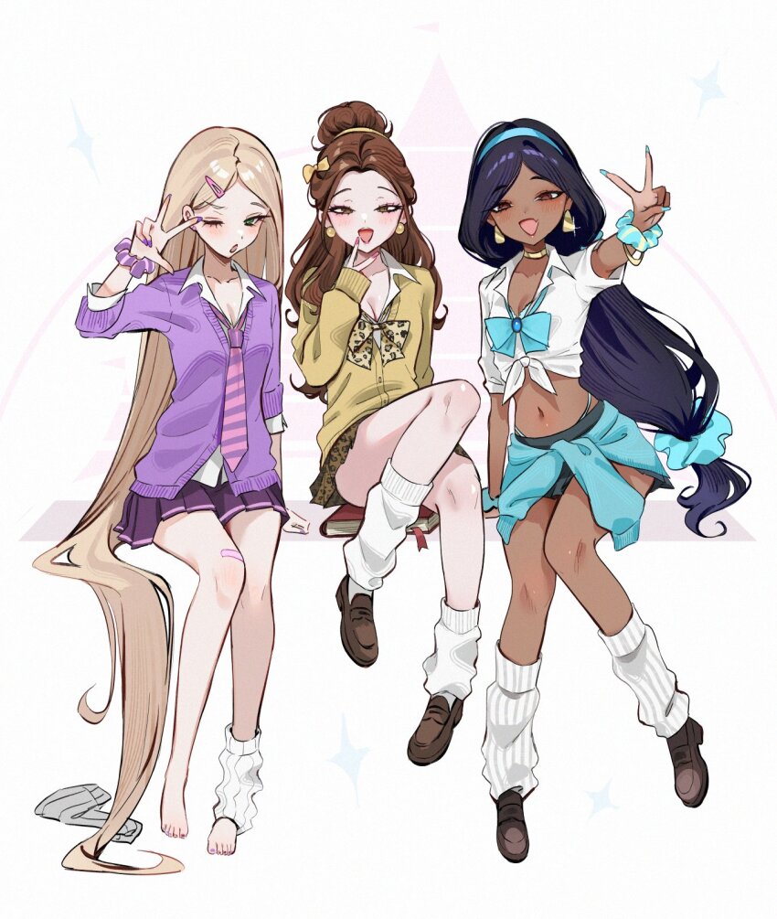 3girls aladdin_(movie) animal_print bare_shoulders barefoot beauty_and_the_beast belle_(disney) black_hair blonde_hair book bow bowtie breasts brown_eyes brown_hair cardigan cardigan_around_waist choker cleavage clothes_around_waist dark-skinned_female dark_skin disney disney_princess earrings green_eyes gyaru gyaru_v hair_bun hair_ornament hairclip highres jasmine_(disney) jewelry leopard_print long_hair looking_at_viewer loose_bowtie loose_socks midriff multiple_girls nail_polish navel necktie ompf one_eye_closed ponytail rapunzel_(disney) scrunchie shirt simple_background socks tangled v v_over_mouth very_long_hair white_background wrist_scrunchie