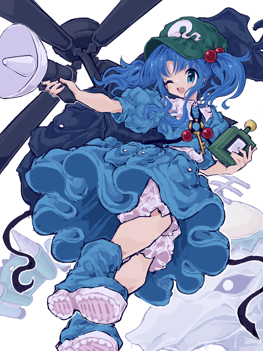 1girl absurdres backpack bag bloomers blue_bag blue_boots blue_eyes blue_hair blue_shirt blue_skirt blush boots cabbie_hat commentary controller frilled_shirt_collar frills full_body green_hat hair_bobbles hair_ornament hat helix highres holding holding_controller kawashiro_nitori key loch_ness_monster mugi_(mugimugi_9kv) one_eye_closed open_mouth pocket puffy_short_sleeves puffy_sleeves shirt shoe_soles short_sleeves short_twintails sidelocks skirt skirt_set smile solo touhou twintails underwear white_background white_bloomers white_undershirt