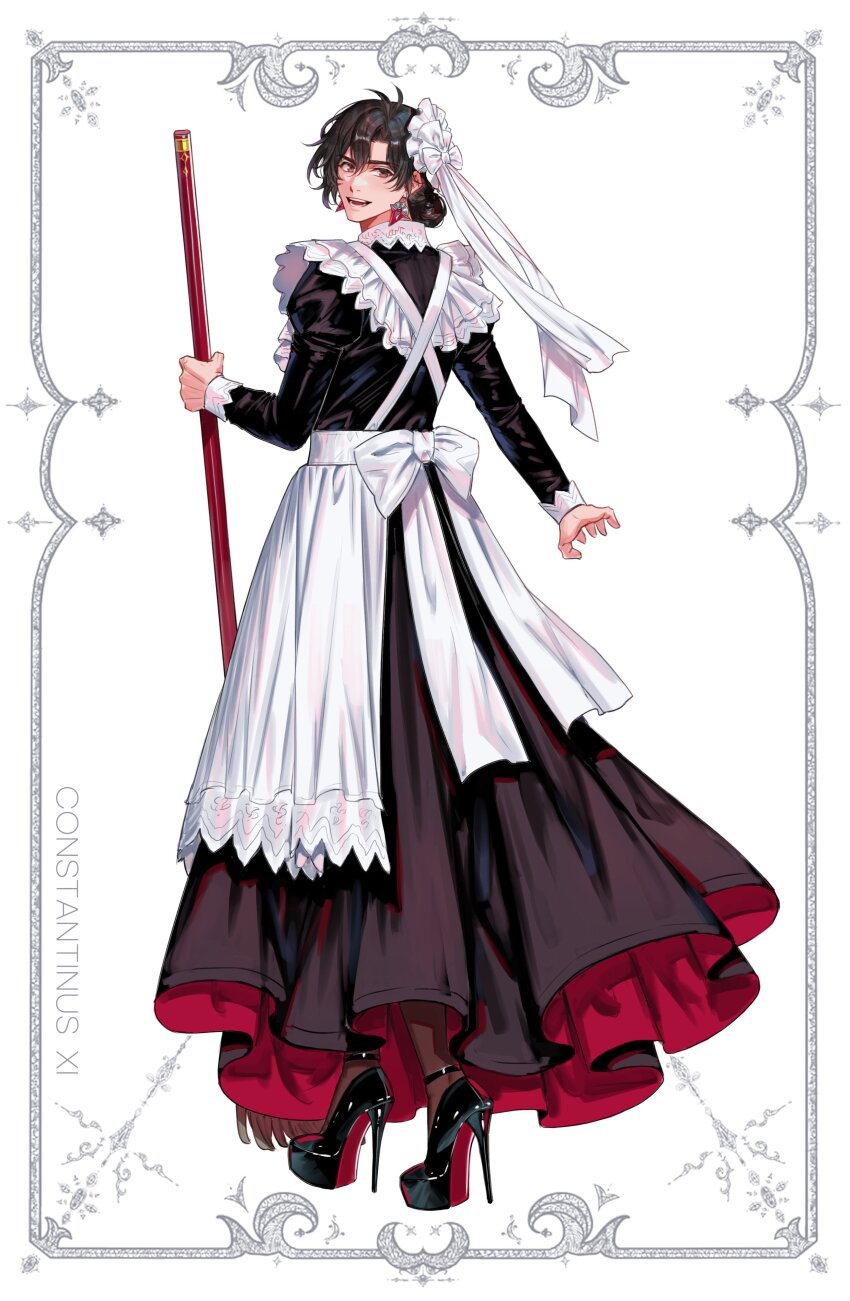 1boy absurdres alternate_costume apron black_dress black_hair border brown_eyes constantine_xi_(fate) crossdressing crossdressing_(mtf) dnstar_1019 dress earrings enmaided fate/grand_order fate_(series) frilled_apron frills full_body hair_between_eyes hair_bun hair_ornament high_heels highres holding holding_mop jewelry looking_at_viewer looking_back maid maid_apron male_focus male_maid mop open_mouth ornate_border short_hair simple_background smile solo standing white_apron white_background